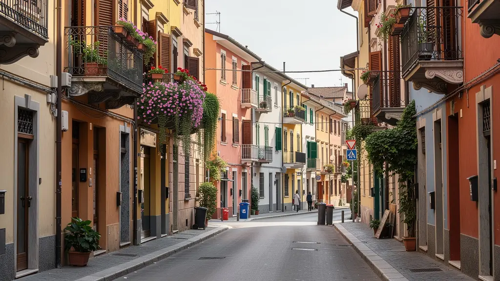Calle residencial tranquila de ciudad italiana del norte con fachadas coloridas y balcones
