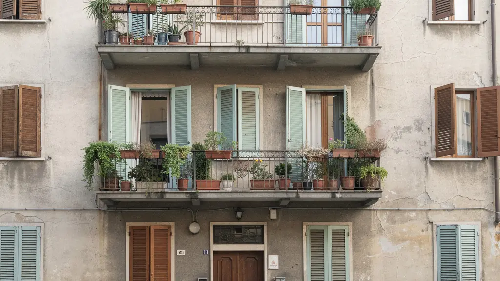 Fachada de edificio residencial italiano con balcones de hierro forjado y contraventanas coloridas