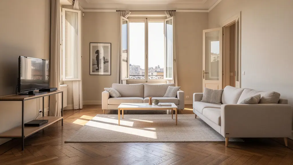 Interior luminoso de apartamento italiano con altos techos y grandes ventanas abiertas a luz natural