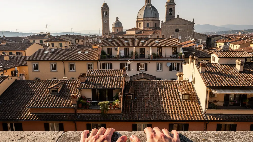 Vista panorámica de tejados italianos con arquitectura típica en terracota y campanarios