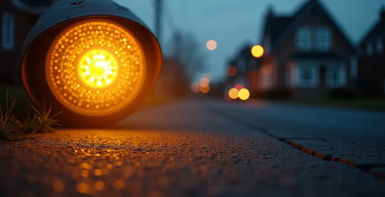 Vista nocturna de acera estrecha con farola antigua iluminando ventanas de planta baja