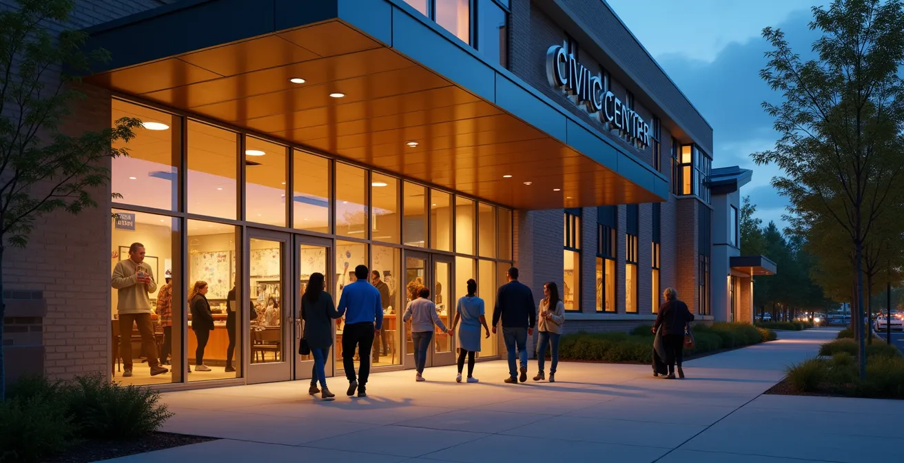 Vista exterior nocturna de centro cívico iluminado con personas entrando y saliendo