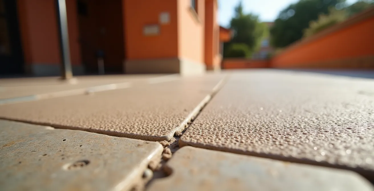 Entrada de edificio residencial español con rampa de accesibilidad moderna integrada arquitectónicamente