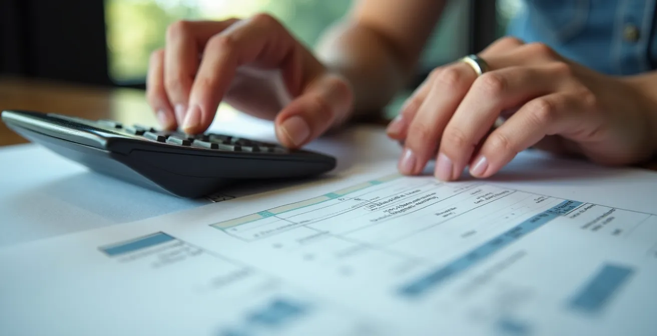 Primer plano de manos analizando documentos de tasación con calculadora y gráficos