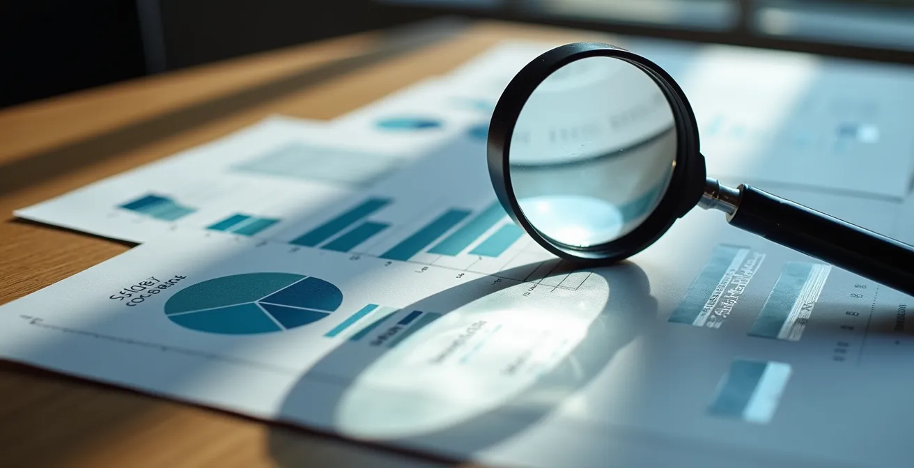 Análisis detallado de documentos financieros con lupa sobre escritorio profesional