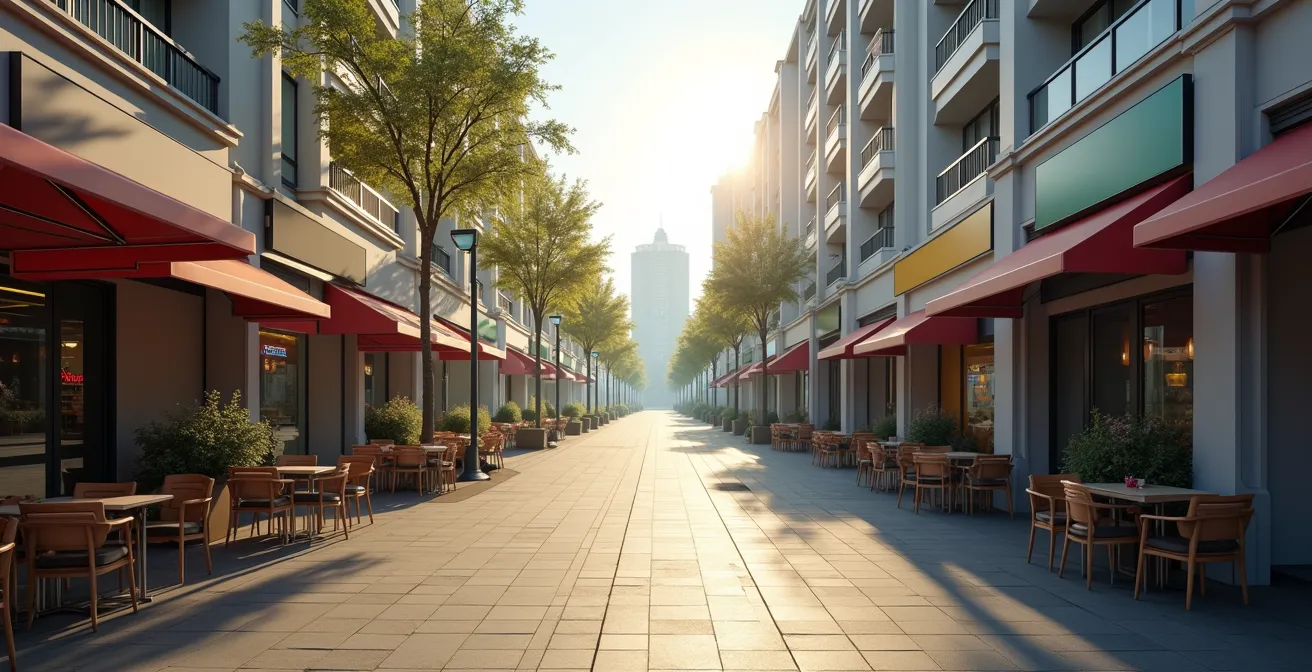 Vista aérea de una calle comercial peatonal con terrazas, tiendas de barrio y vida urbana, representando la regla de los 500 metros.