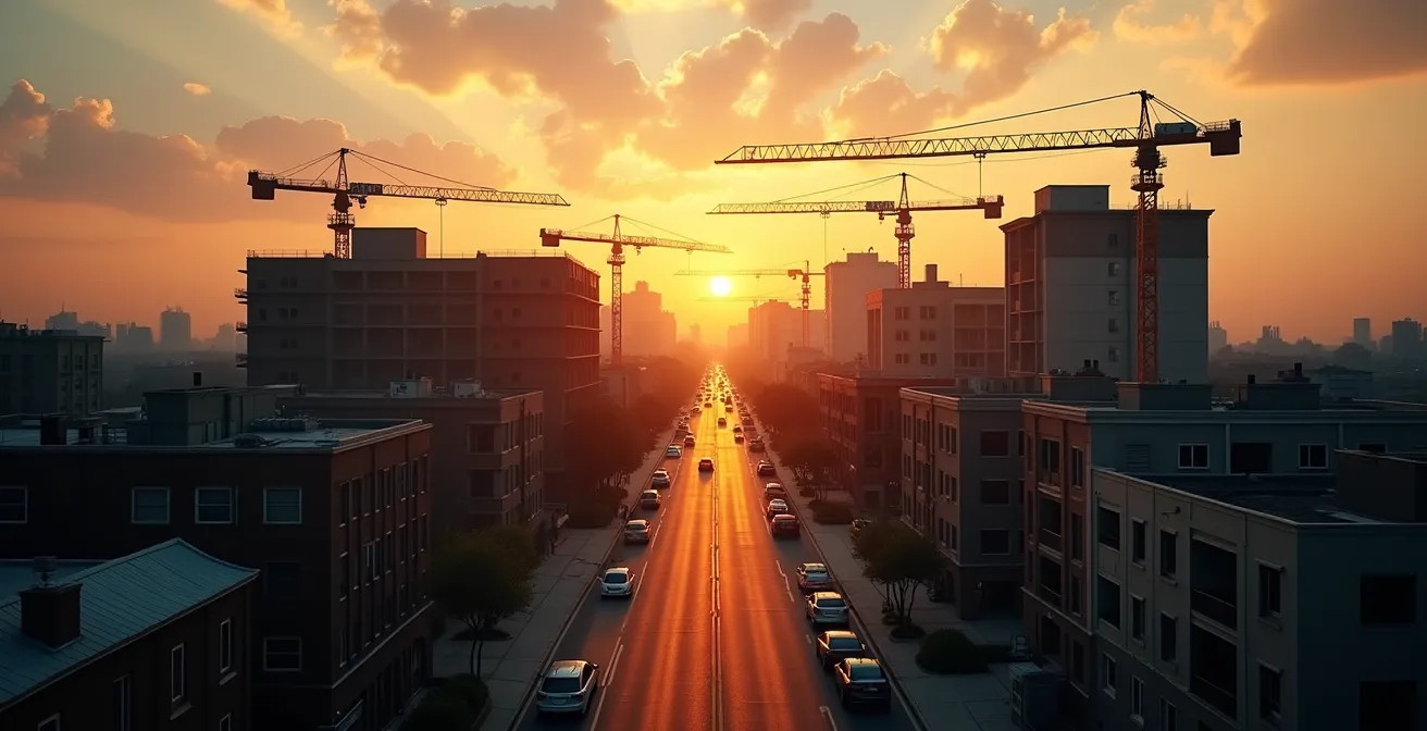 Vista aérea de un barrio en proceso de transformación urbana con grúas de construcción