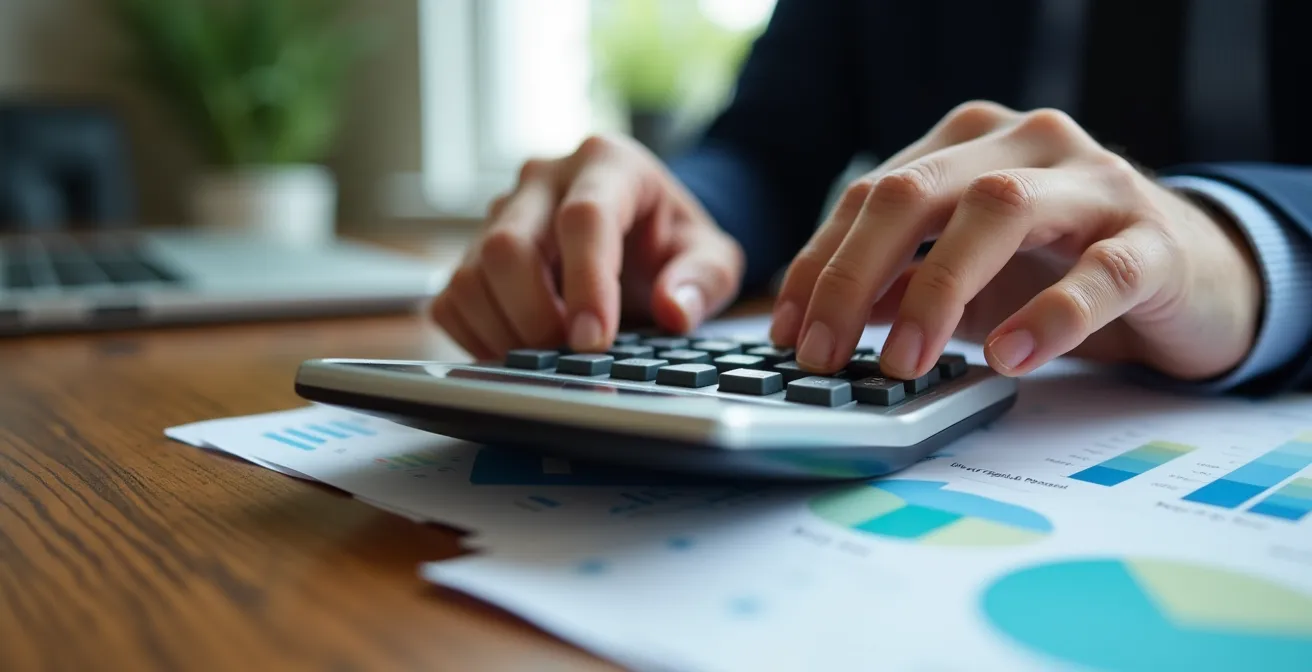 Manos trabajando con calculadora profesional y gráficos financieros sobre mesa de madera
