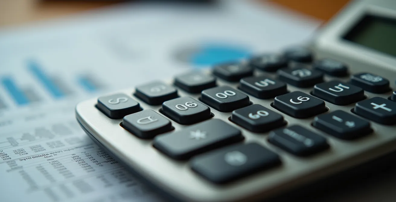 Primer plano de calculadora profesional con documentos financieros borrosos al fondo
