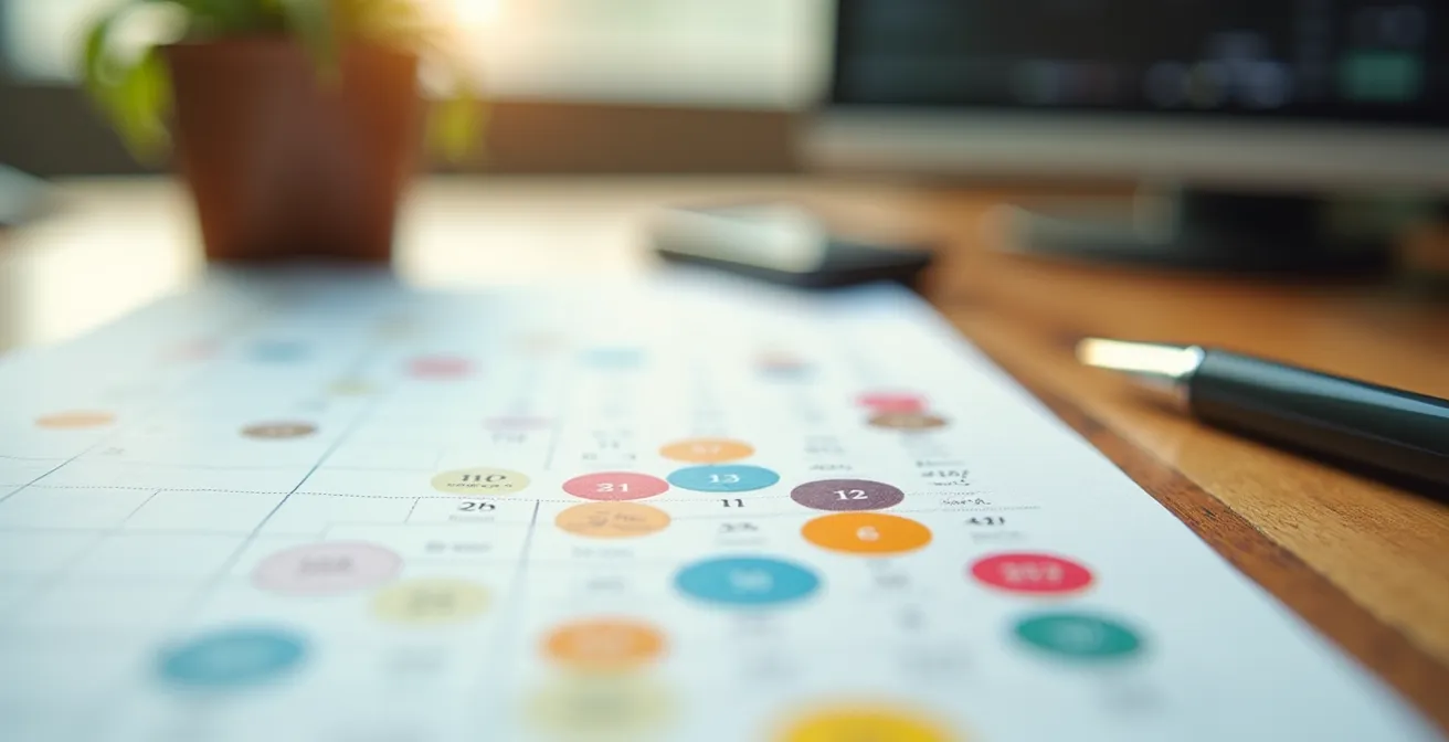 Vista macro de calendario con marcadores coloridos indicando mejores épocas para alquilar