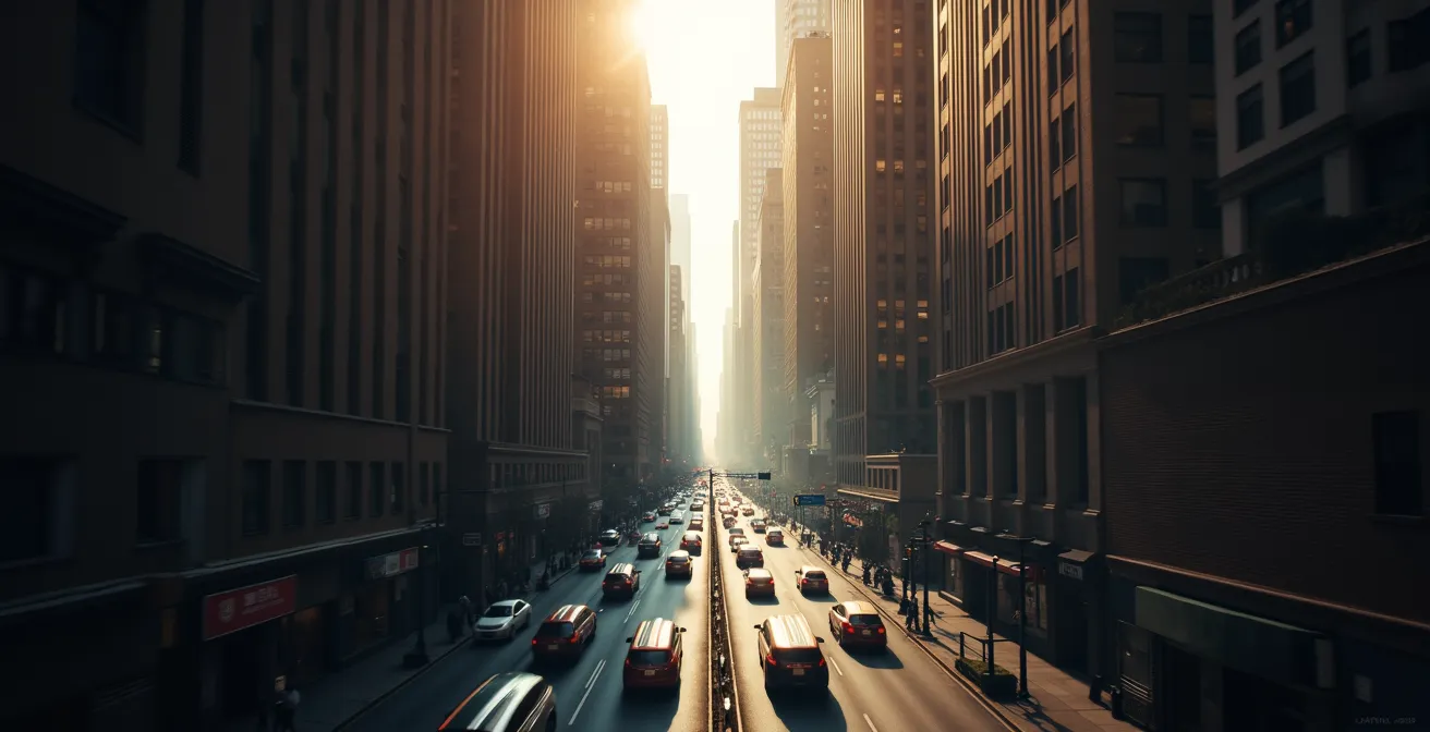Vista aérea de calle estrecha entre edificios altos mostrando el efecto cañón urbano