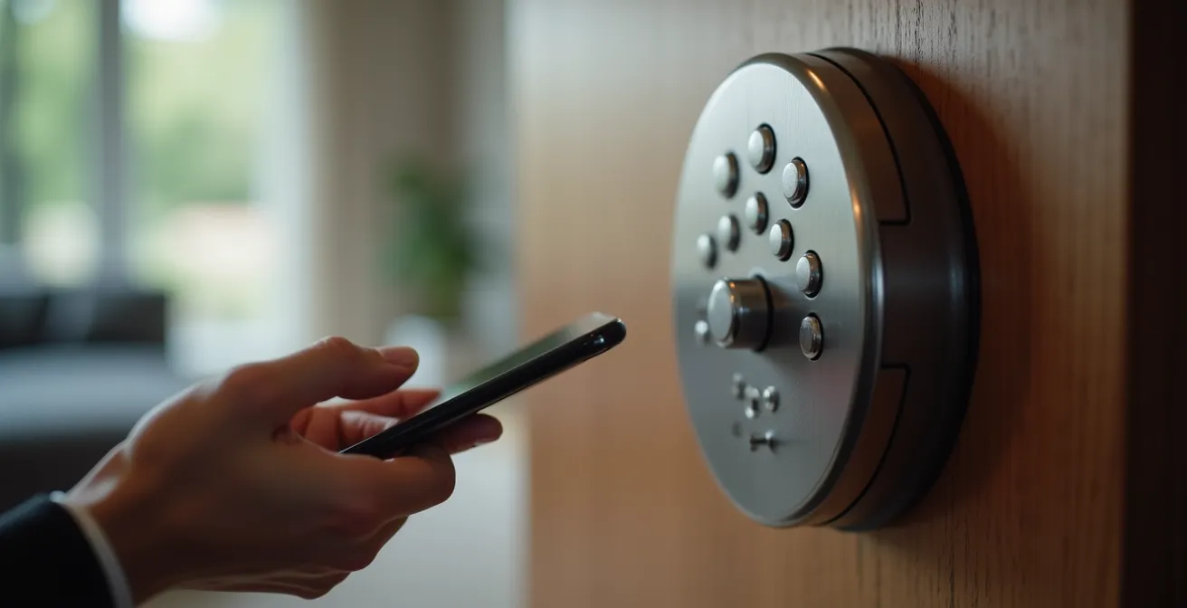 Mano sosteniendo smartphone frente a cerradura inteligente moderna en puerta de apartamento