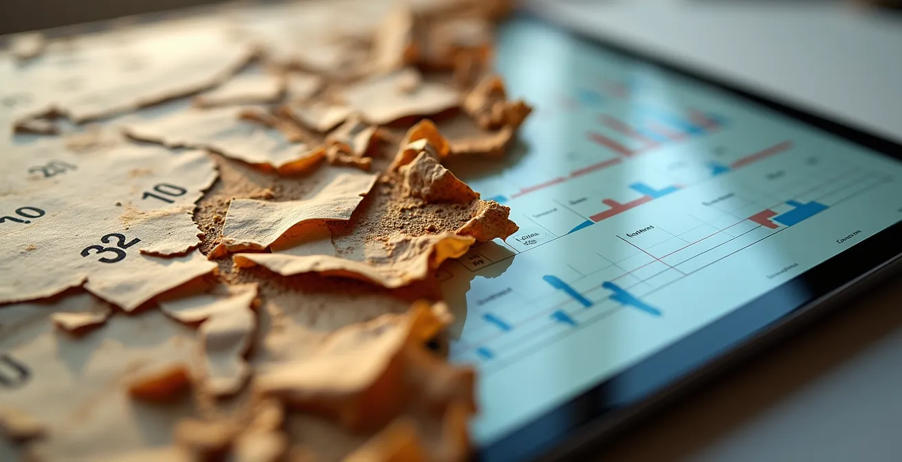 Contraste visual entre gestión caótica en papel y gestión digitalizada profesional