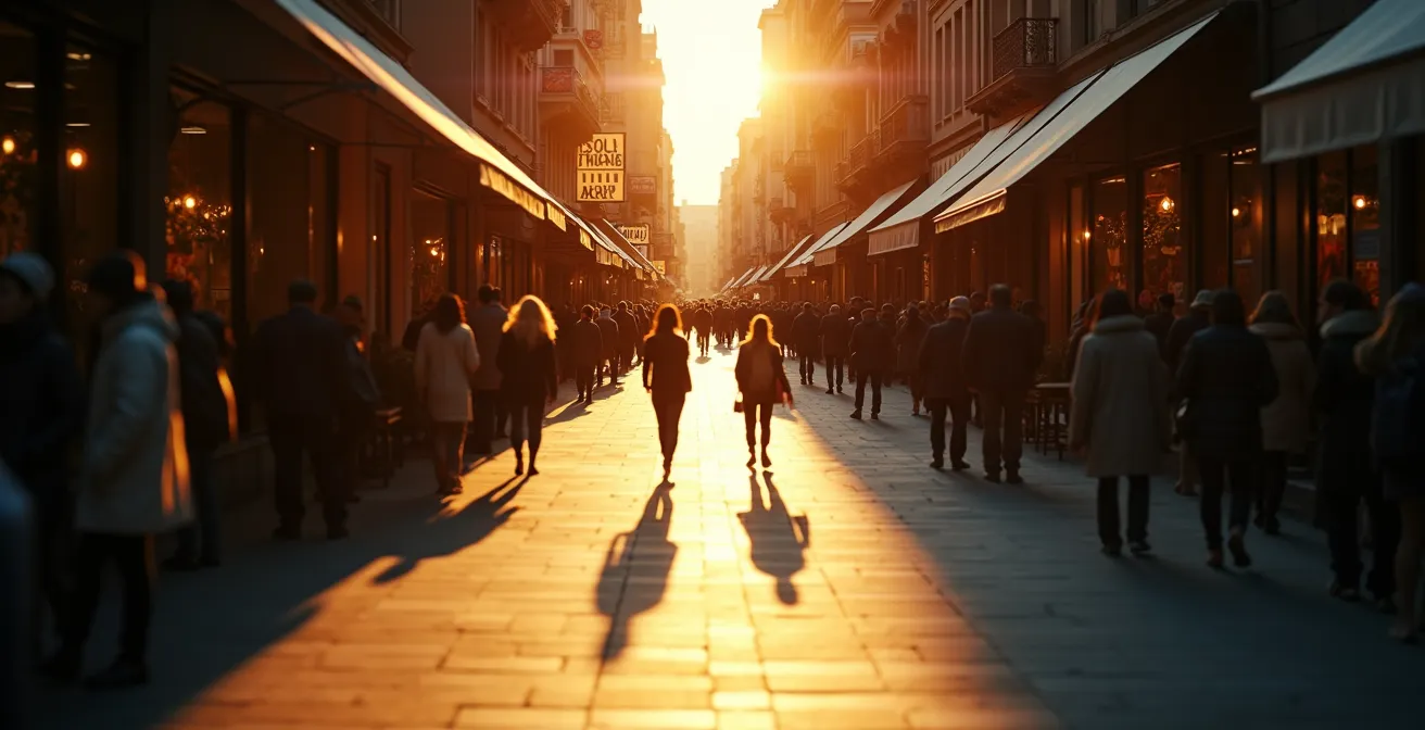 Vista aérea de una calle comercial mostrando el contraste entre aceras soleadas y sombreadas