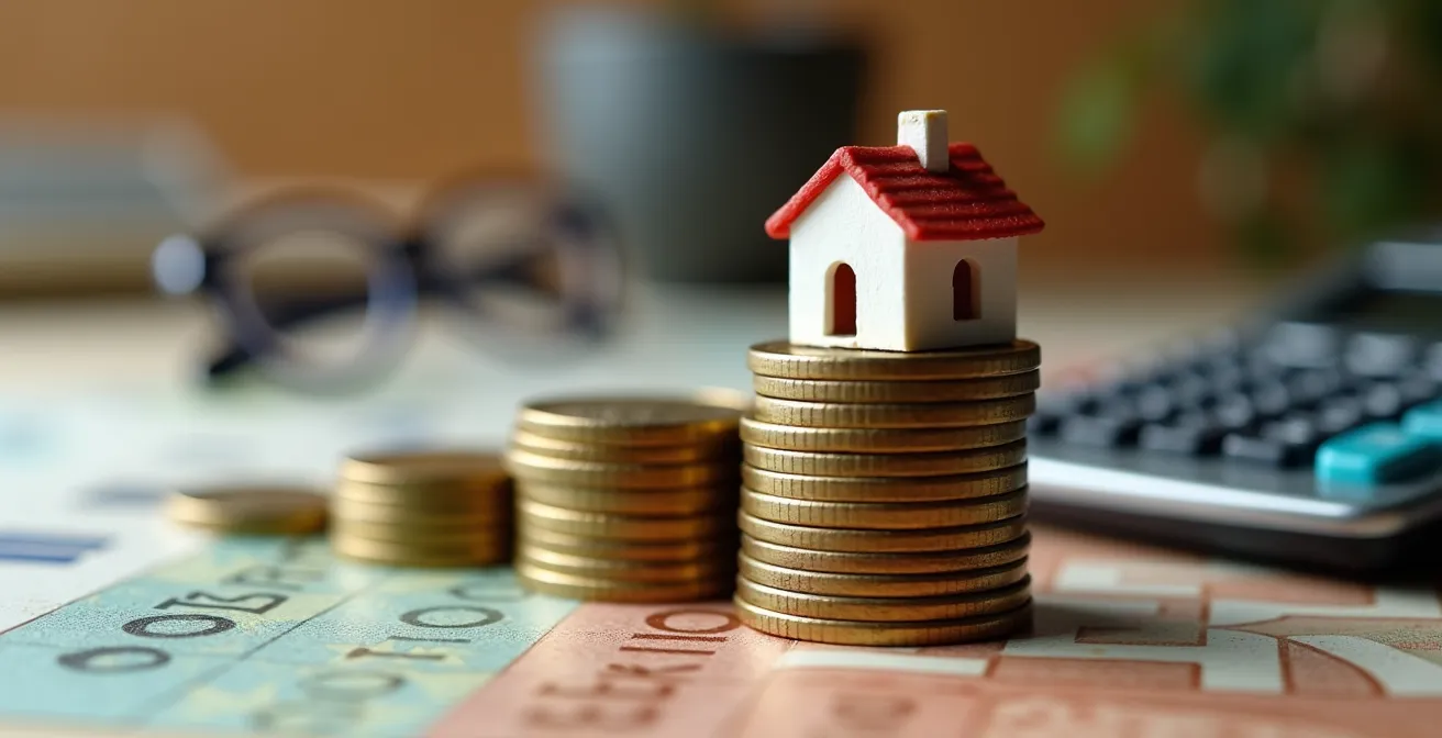 Representación visual del concepto de apalancamiento financiero inmobiliario, con monedas y una casa en miniatura.