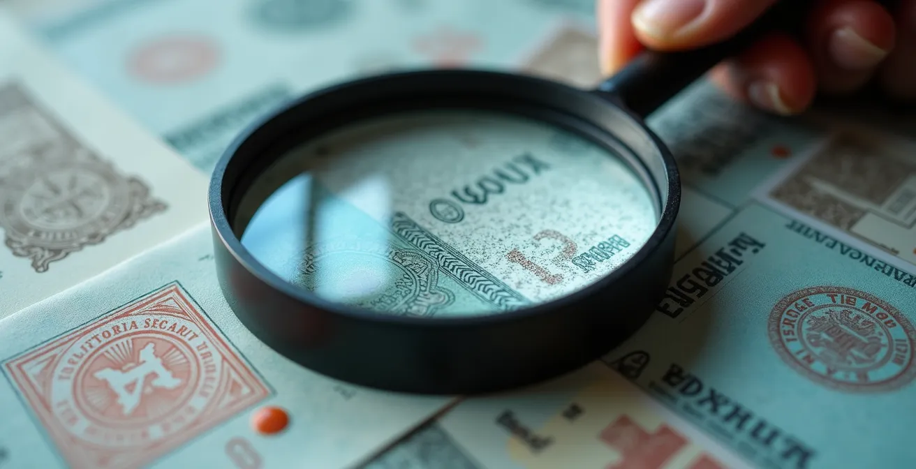 Primer plano de mano con lupa examinando detalladamente documentos oficiales