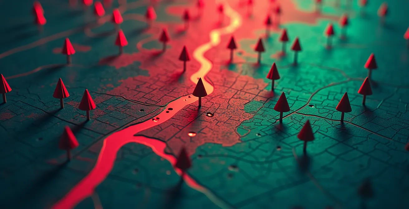 Mapa urbano estilizado mostrando propiedades distribuidas en diferentes zonas con distintos niveles de riesgo.