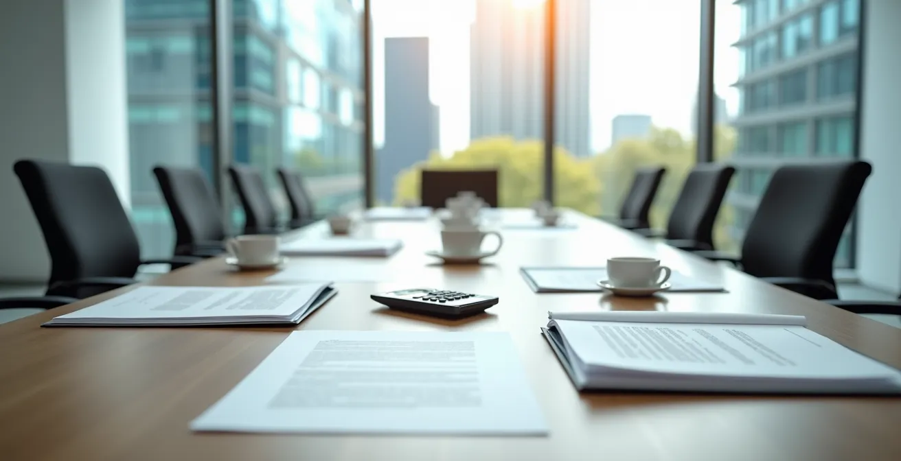 Mesa de negociación con documentos de contrato comercial y calculadora