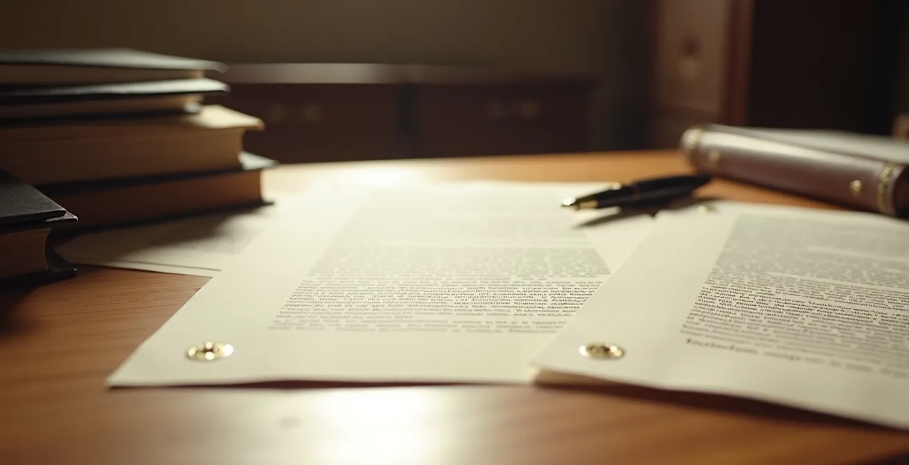 Vista cenital de documentos oficiales sobre mesa de madera con sello notarial difuminado