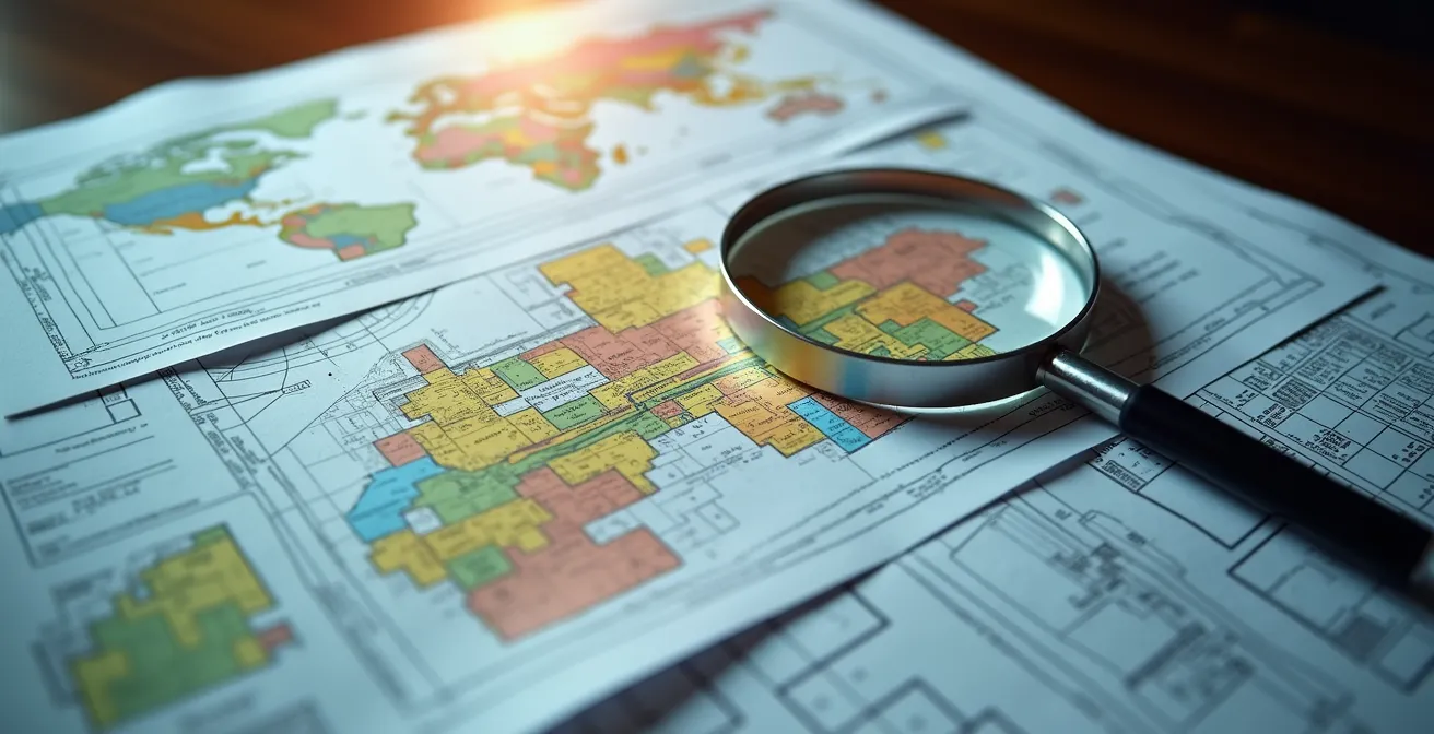Mesa de trabajo con planos urbanísticos y documentos de zonificación desplegados