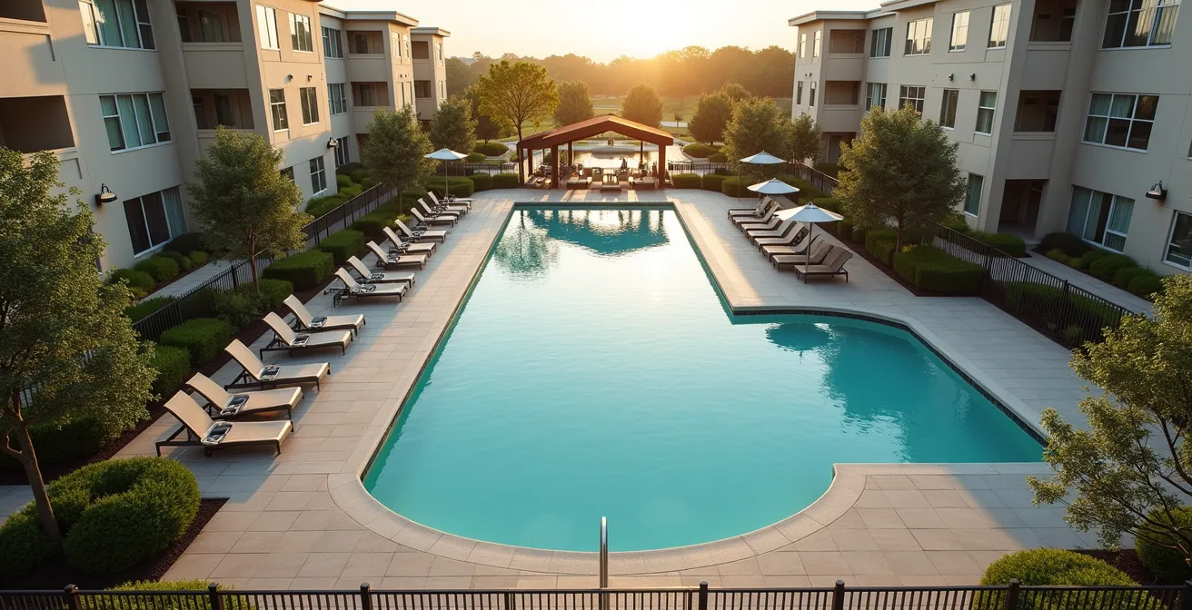 Vista aérea minimalista de zona comunitaria con piscina y espacios verdes