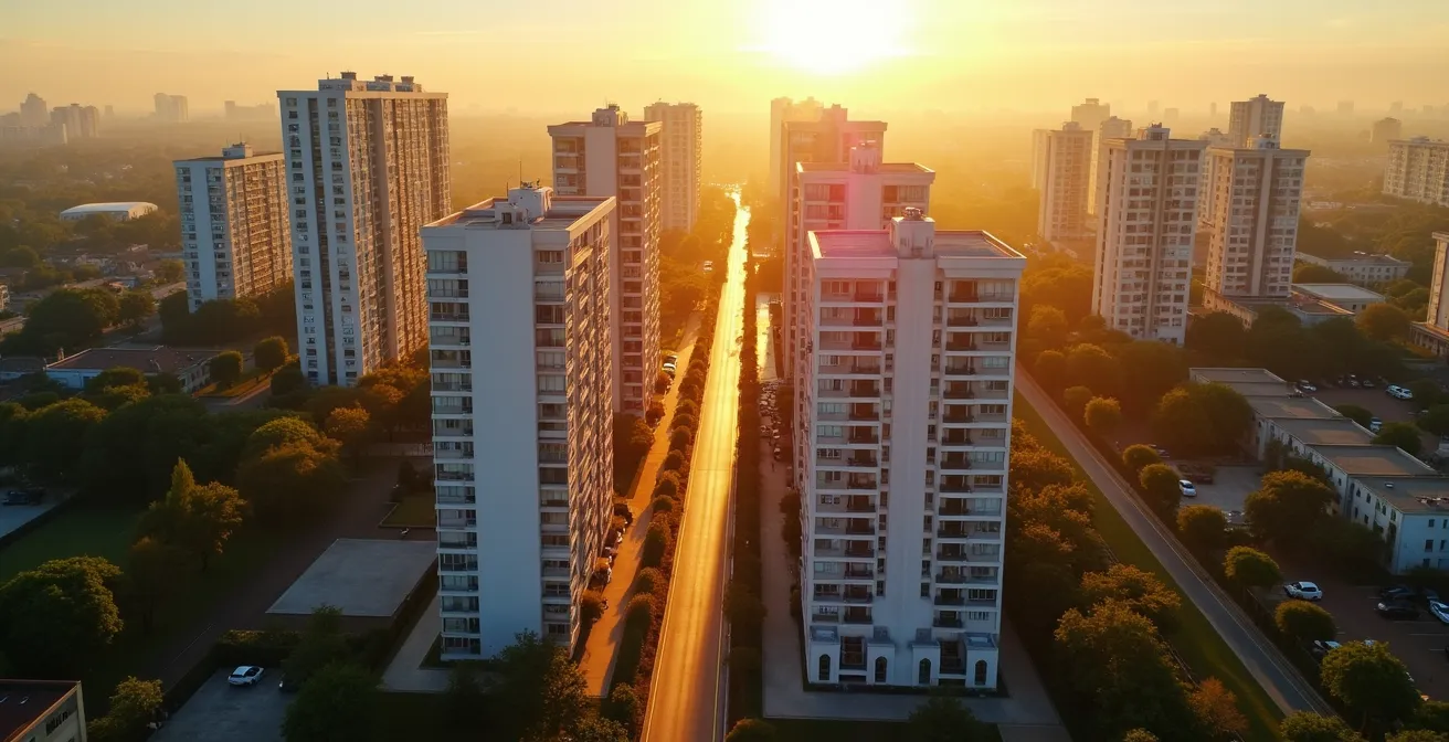 Vista aérea de múltiples edificios residenciales con líneas conectoras abstractas que simbolizan el crecimiento de una cartera.