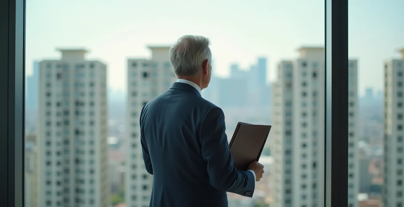 Representación visual de estructura patrimonial con edificios y documentos fiscales