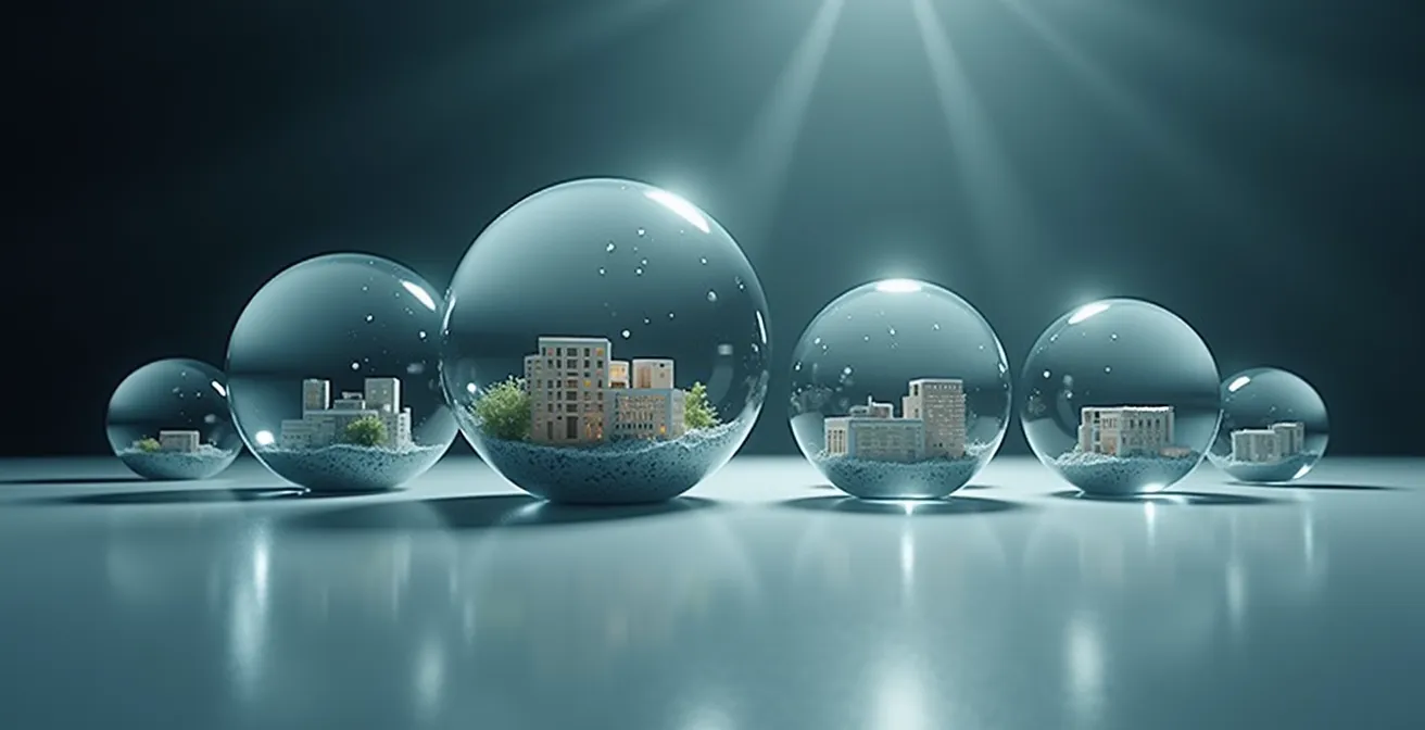 Concepto visual de protección patrimonial con esferas de cristal transparente separadas representando diferentes activos empresariales