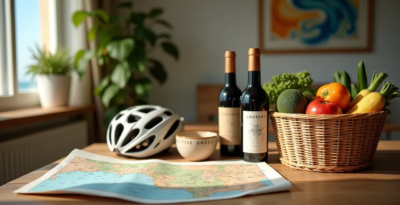 Composición simbólica mostrando elementos de turismo local y experiencias de fin de semana en apartamento costero