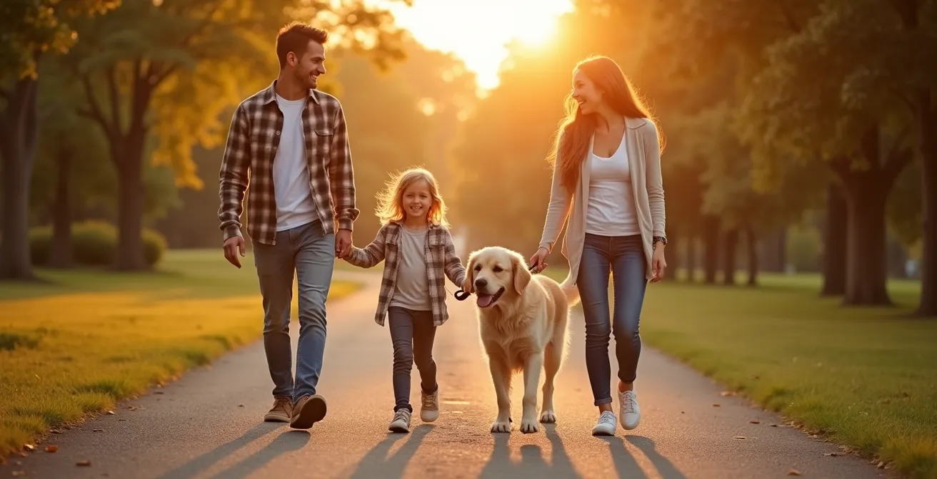 Familia paseando con golden retriever en sendero de parque al atardecer