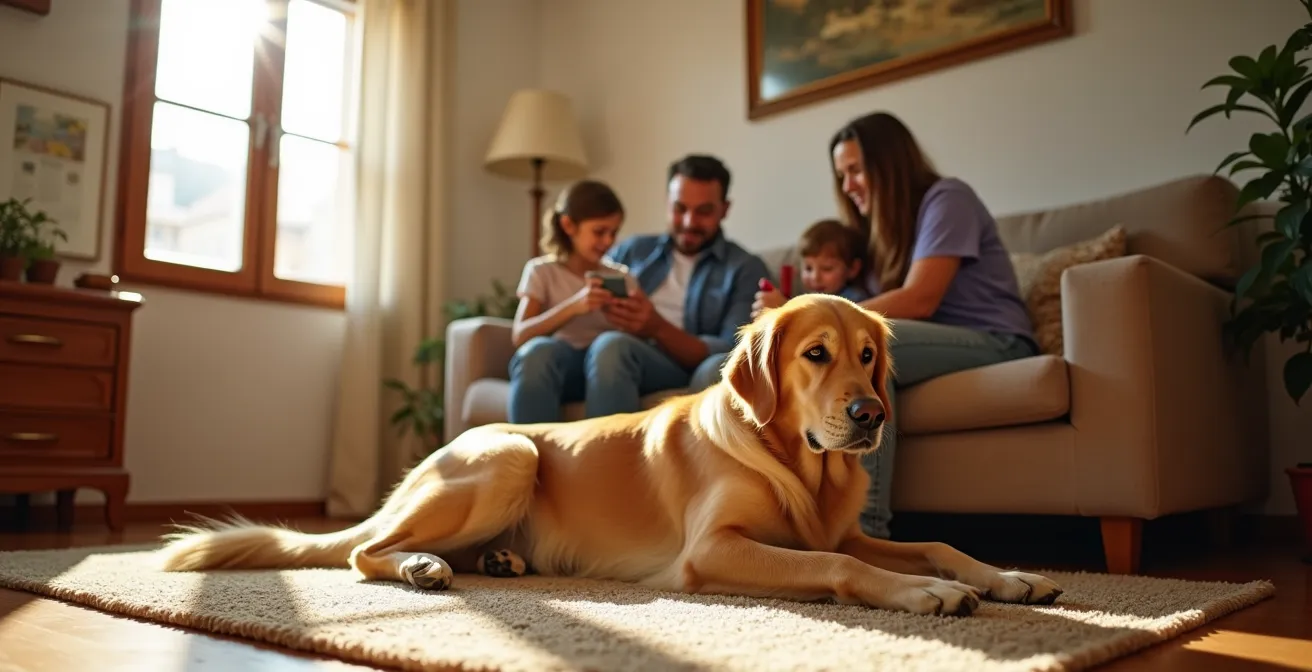 Familia relajada en salón de casa con perro descansando en el suelo