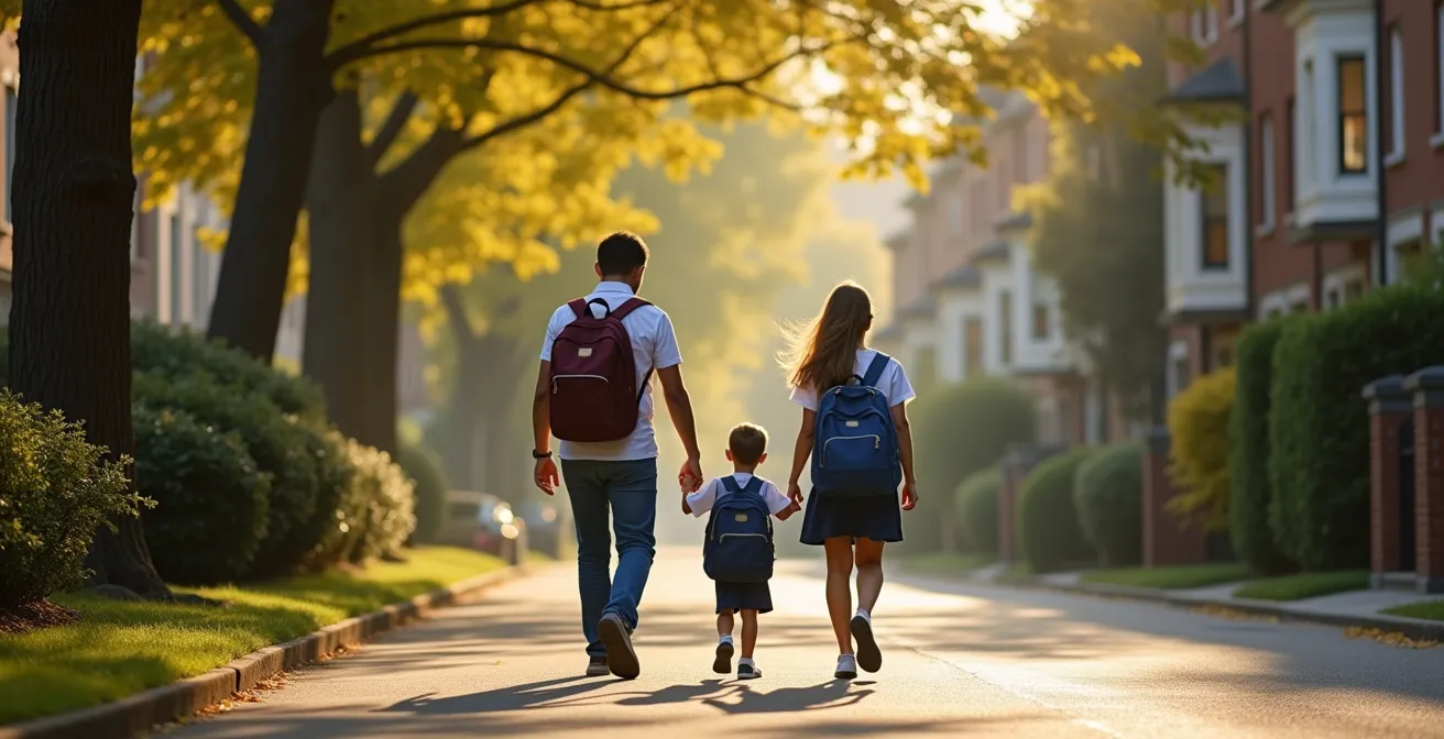 Familias con niños uniformados caminando por aceras arboladas hacia la entrada de un colegio de prestigio.