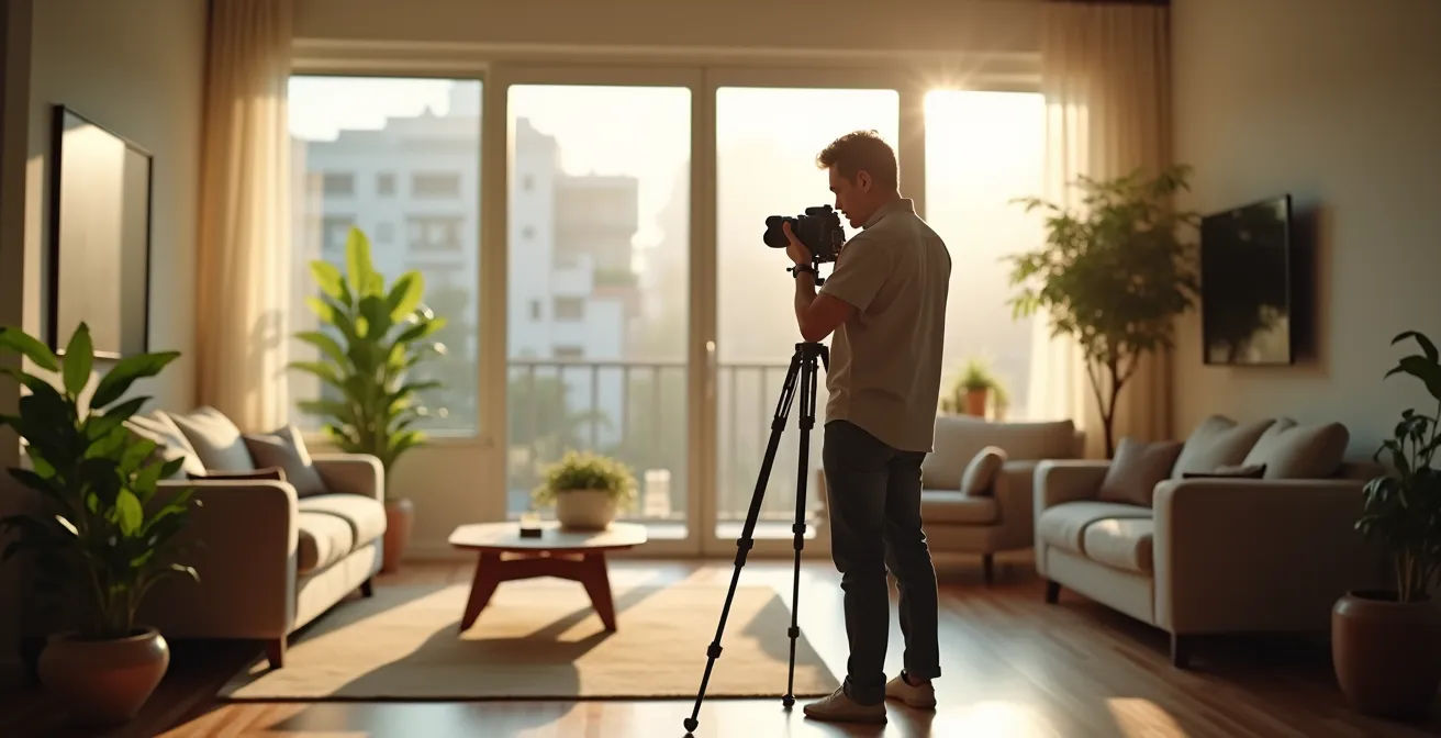 Fotógrafo profesional capturando imágenes de un salón luminoso con equipo especializado