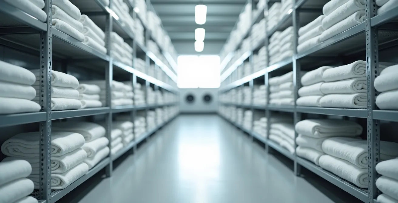 Vista amplia de lavandería industrial con pilas ordenadas de sábanas blancas y toallas