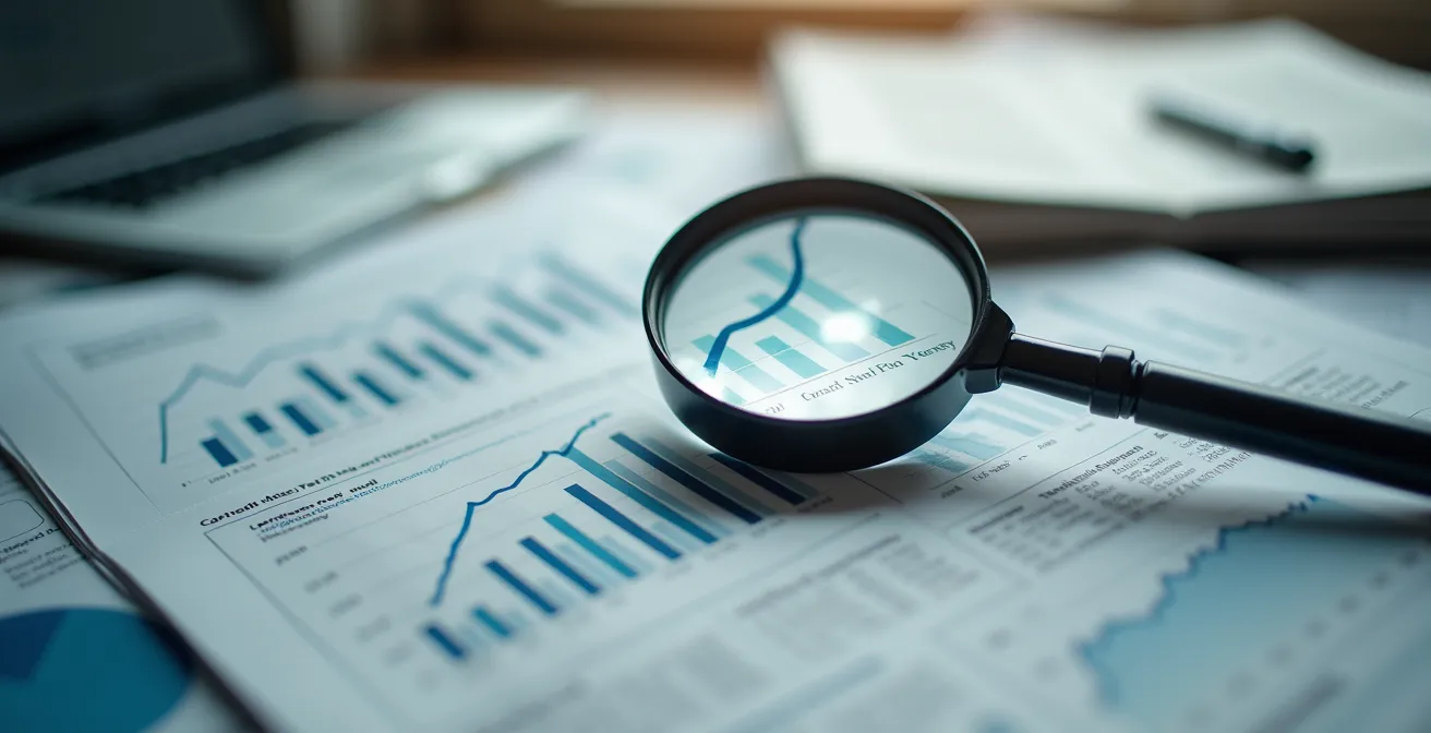 Primer plano de gráficos financieros en un periódico que muestran tendencias ascendentes del mercado inmobiliario, con una lupa enfocando un punto crítico, sugiriendo una burbuja.