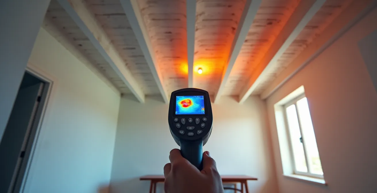 Inspector usando cámara térmica para detectar puentes térmicos en el techo de un último piso