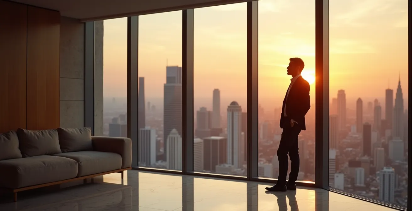 Interior minimalista de lujo con ventanales panorámicos y acabados premium