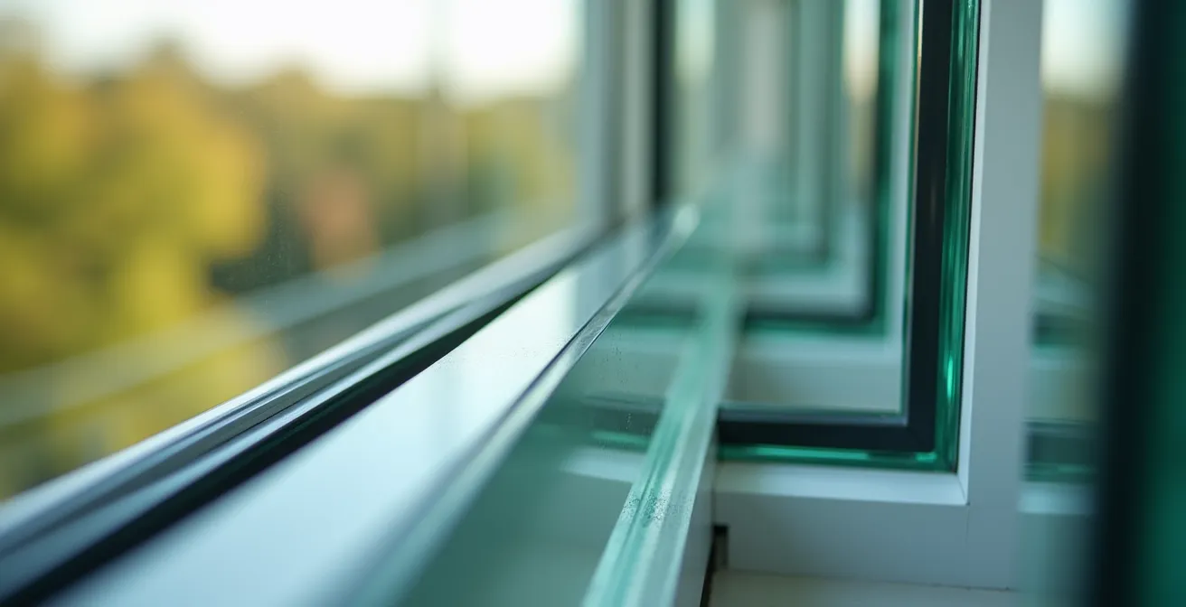 Detalle macro de ventana de doble acristalamiento con vista desenfocada a parque