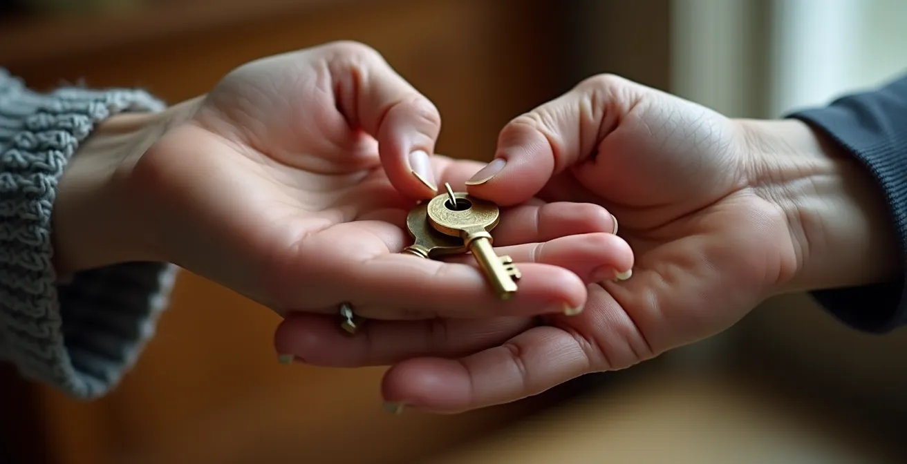 Primer plano de manos de diferentes generaciones intercambiando llaves simbólicas