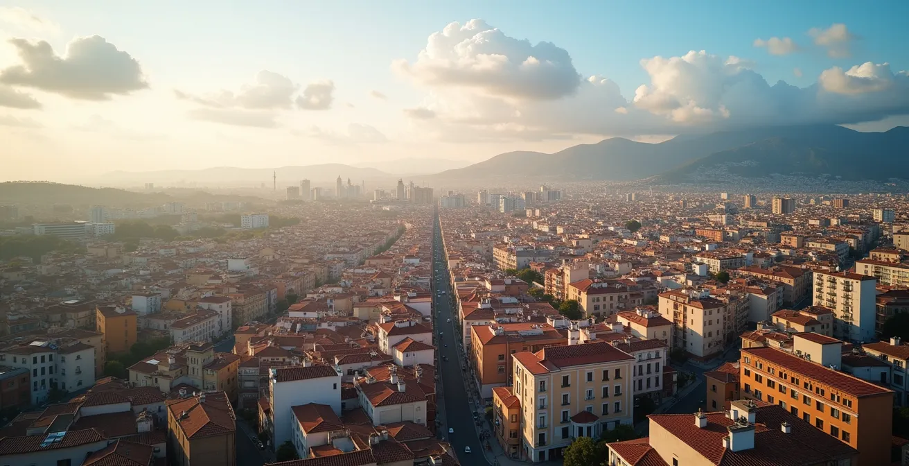 Vista aérea de ciudad mostrando contraste entre centro histórico y zonas periféricas en desarrollo