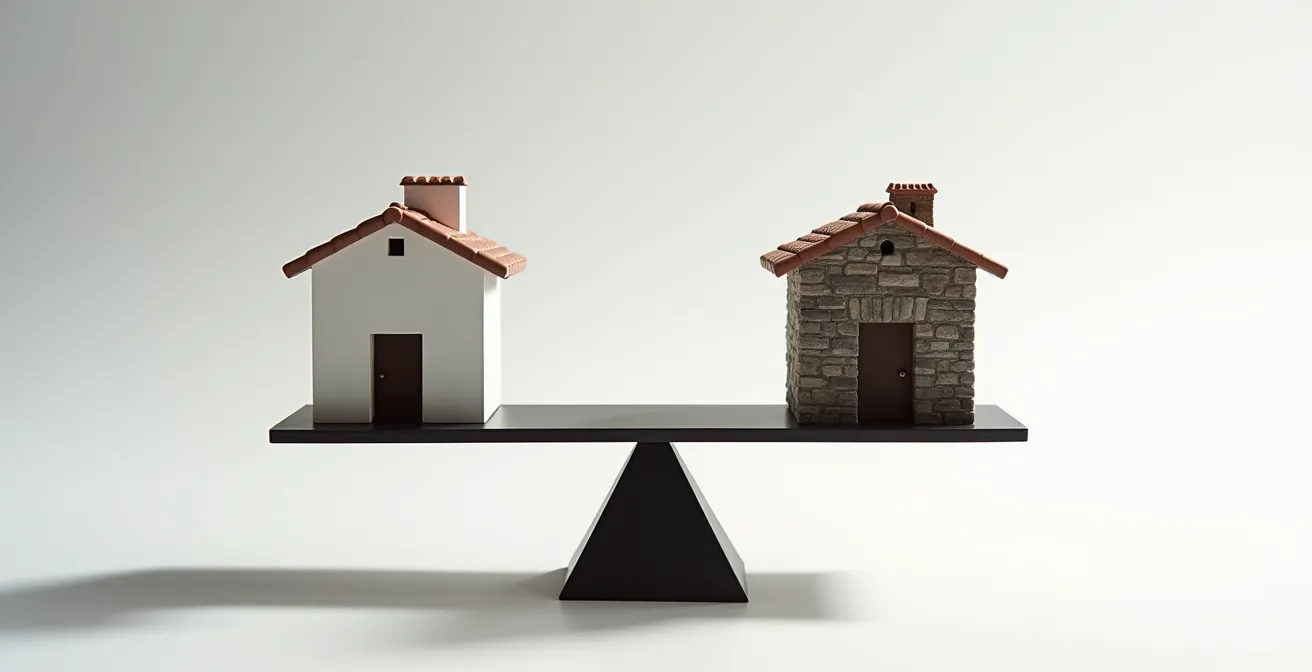 Balanza con casas que simboliza la comparativa fiscal del patrimonio entre comunidades autónomas.