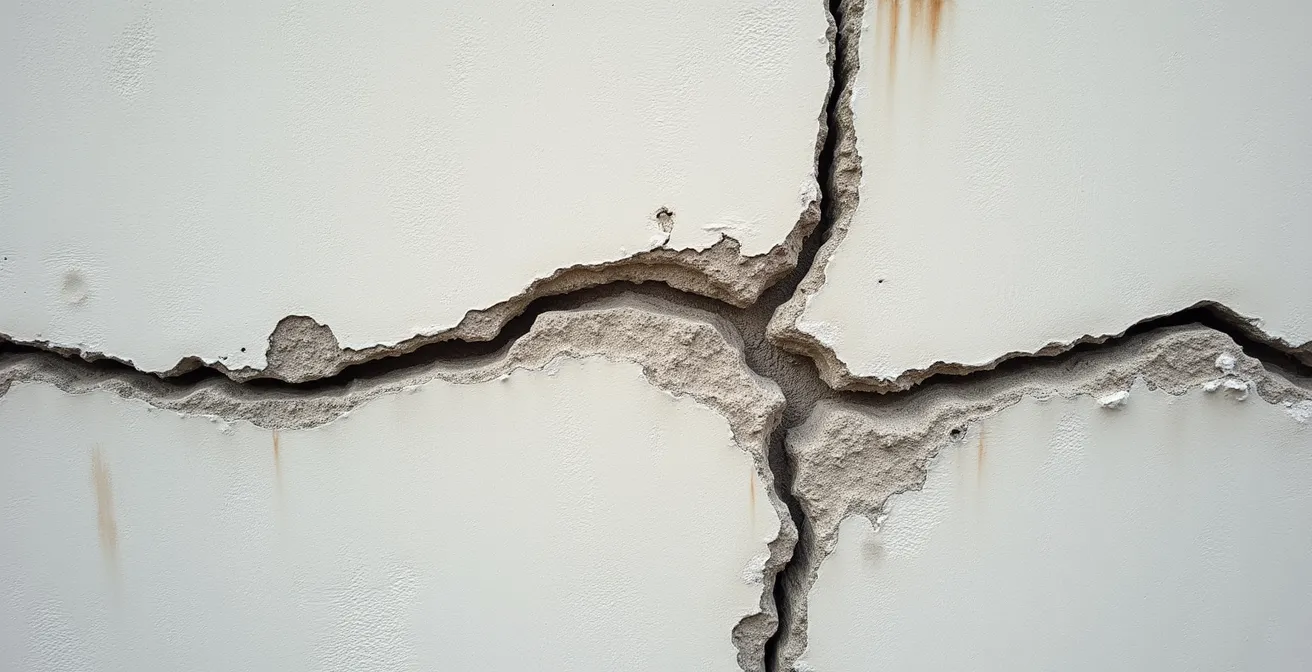 Vista detallada de diferentes tipos de grietas en una fachada con patrones de identificación visual