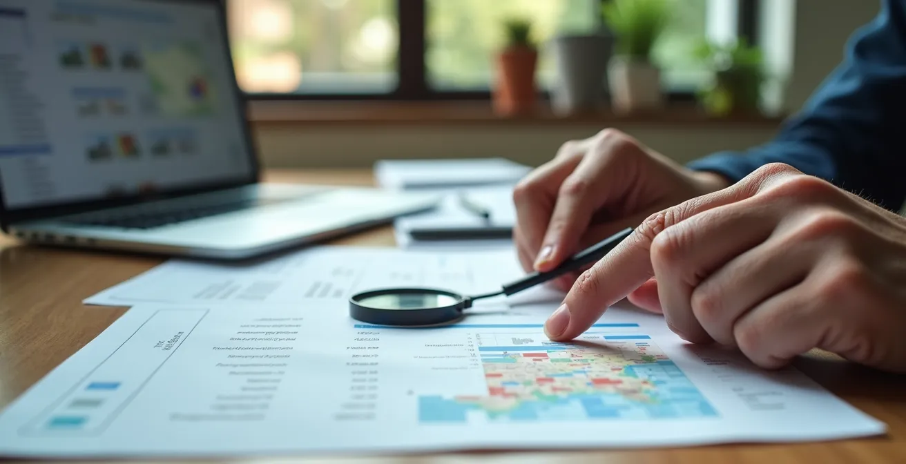 Mesa de trabajo con documentos del Registro de la Propiedad y pantalla de ordenador mostrando anuncios archivados