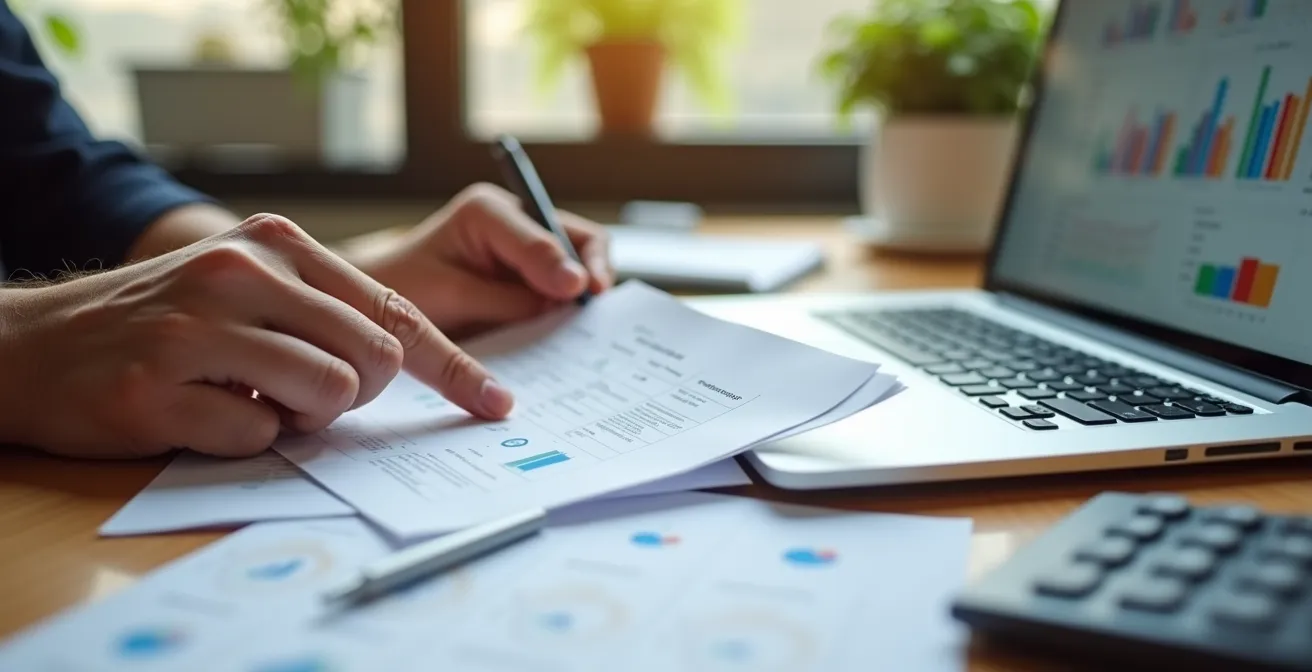 Espacio de oficina en casa para gestión de patrimonio inmobiliario con documentos y un portátil.