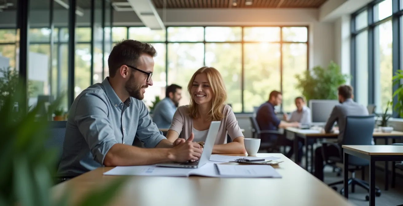 Interior de oficina moderna con zonas de trabajo flexibles y áreas de colaboración