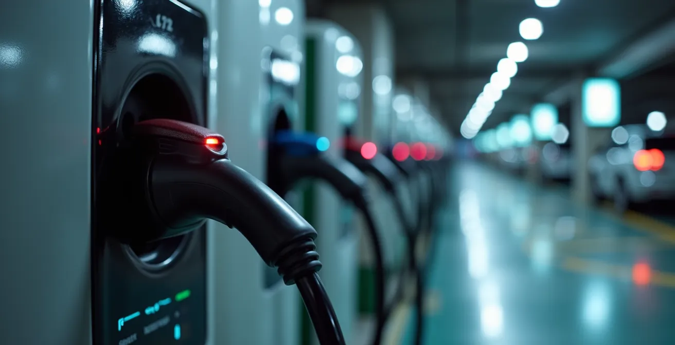 Interior de parking subterráneo moderno con puntos de recarga para vehículos eléctricos