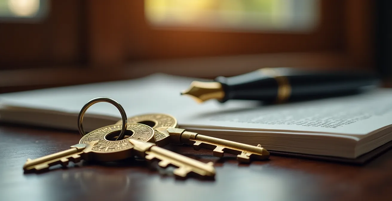 Documentos de pignoración y llaves sobre una mesa de madera, simbolizando la financiación de un nuevo activo.