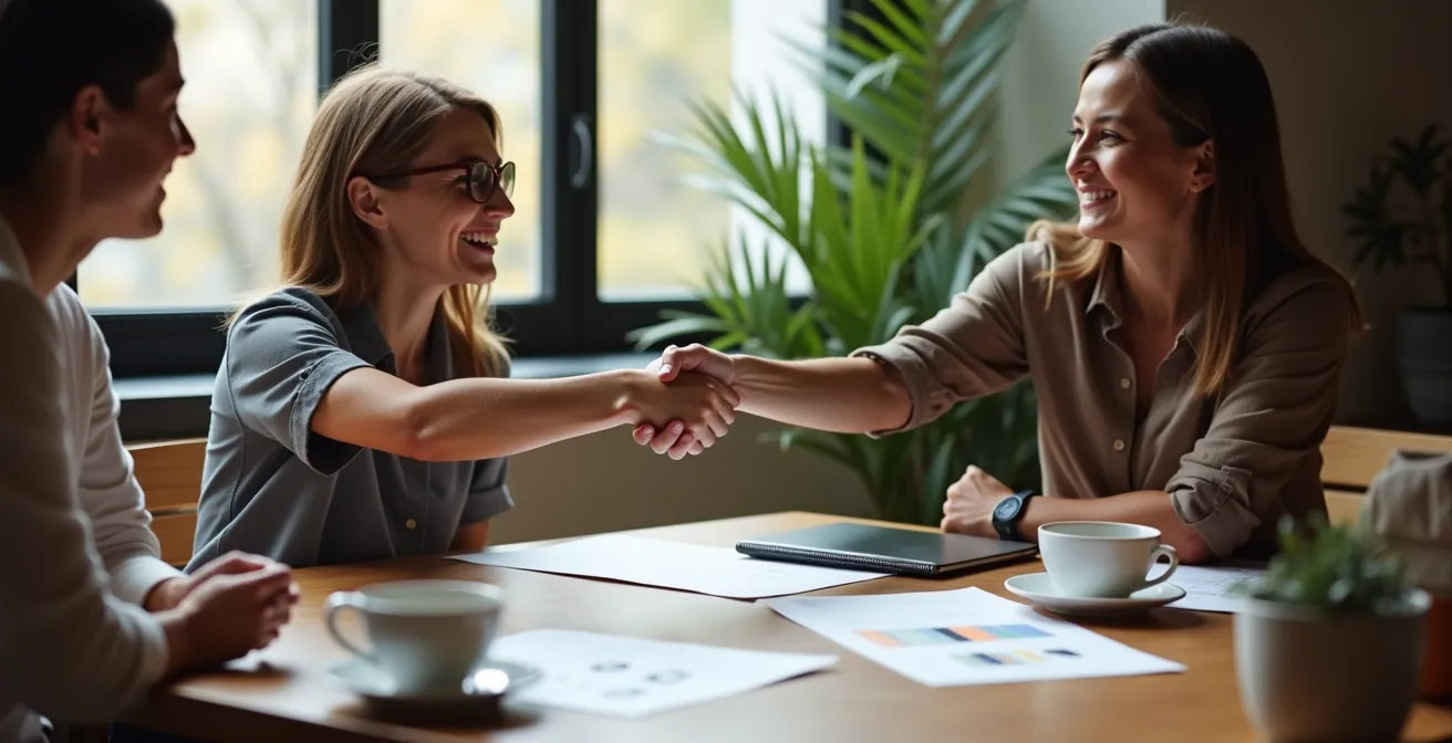 Encuentro cordial entre propietario e inquilino firmando renovación de contrato en ambiente acogedor