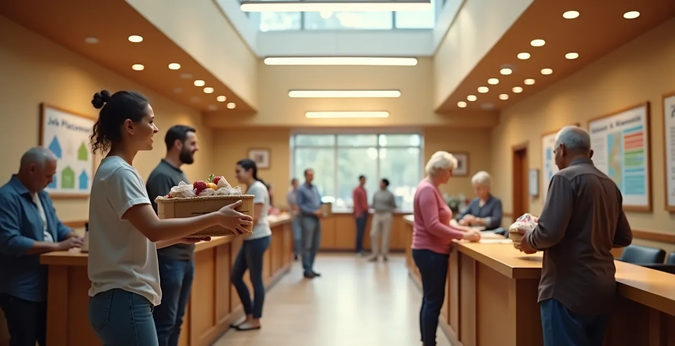 Interior de centro cívico con banco de alimentos y servicios sociales comunitarios