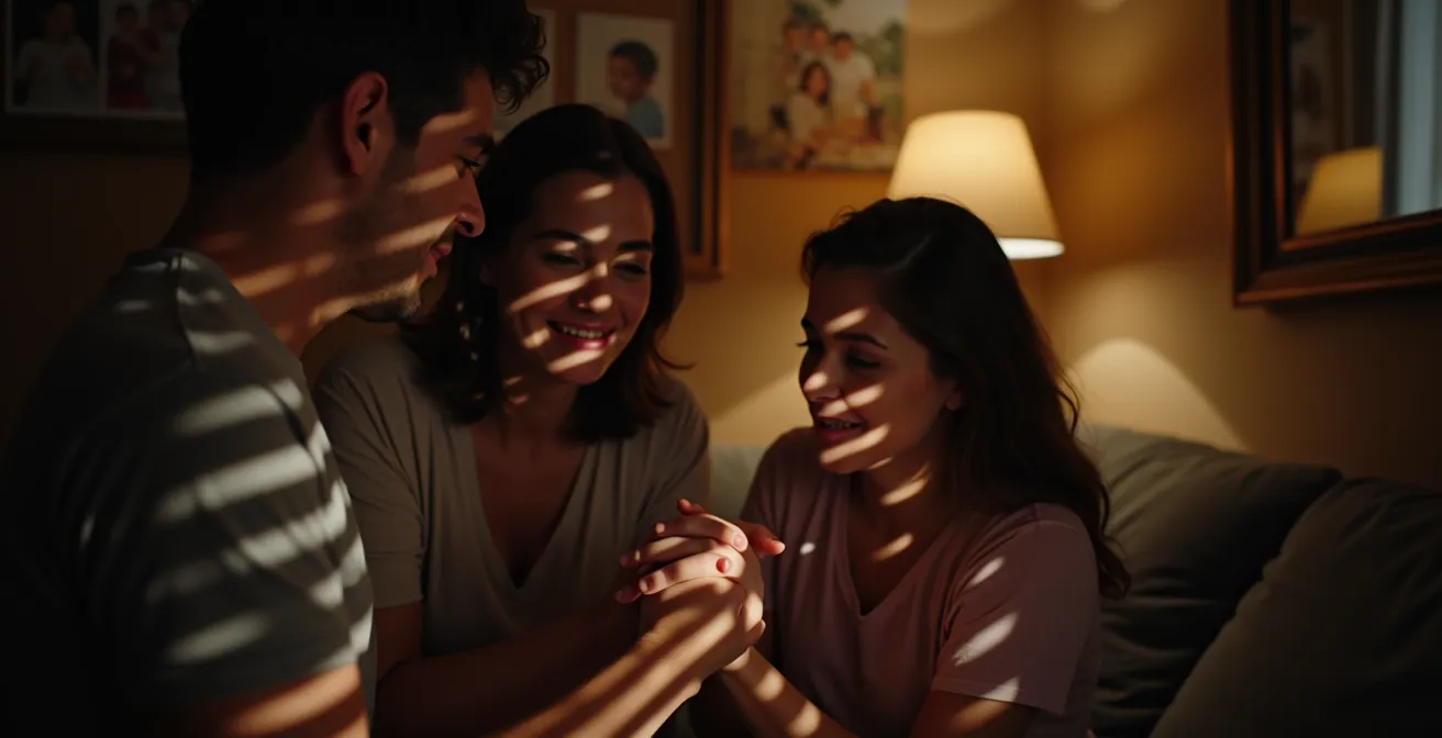 Familia en salón hogareño brindando apoyo emocional durante conversación seria